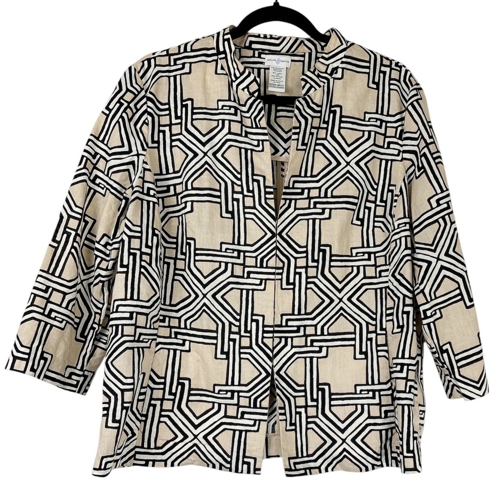 Jaclyn Smith Jacket Womens XL Beige Black Geometric Linen Retro Minimalist Artsy